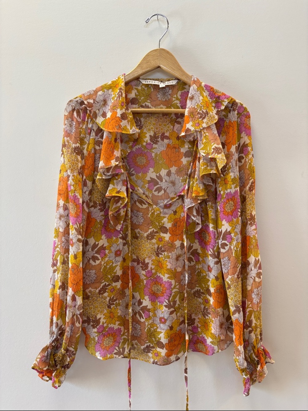 Veronica Beard Floral Ruffle Tie Blouse - Pink, Orange & Brown
